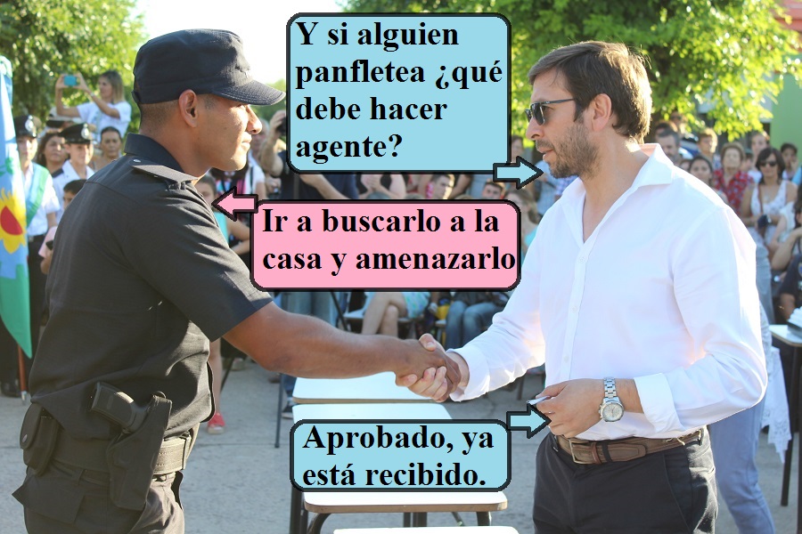En la entrega de diplomas, el secretario de Seguridad, el inefable abogado penalista Miguel Núñez, quien ahora sí está capacitado luego de su peripecia por Israel, le tomaba el examen final a los aspirantes a agentes de policía.