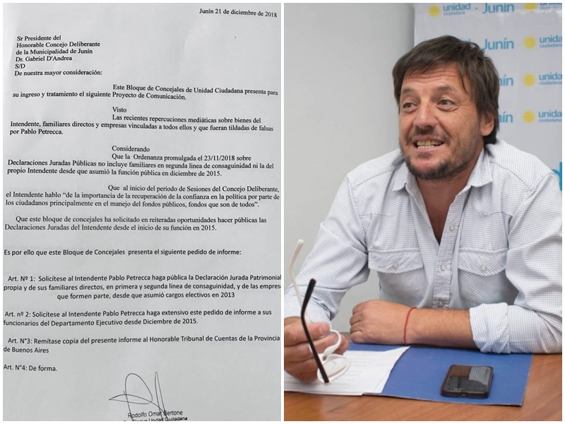 Durante la jornada de este viernes, el bloque de concejales de Unidad Ciudadana (UC) de Junín presentó un proyecto en el Concejo Deliberante con la intención de transparentar la gestión municipal del intendente Pablo Petrecca, luego de que surgieron pruebas de nepotismo, con familiares y empresas que cuentan con millonarios contratos con el municipio.