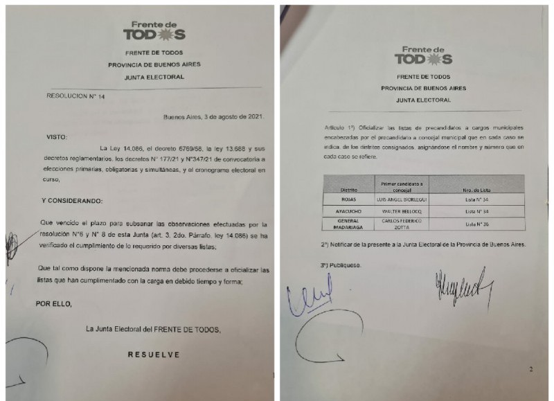 La Junta Electoral del Frente de Todos acaba de oficializar en las últimas horas de este martes la lista que encabeza el precandidato a concejal Luis Biorlegui, del Partido FE-UATRE.