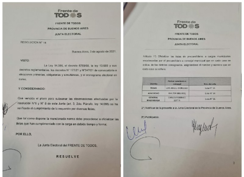 La Junta Electoral del Frente de Todos acaba de oficializar en las últimas horas de este martes la lista que encabeza el precandidato a concejal Luis Biorlegui, del Partido FE-UATRE.