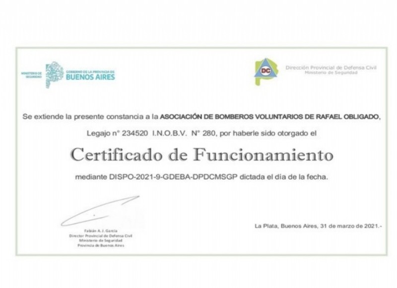 El Certificado de Funcionamiento.