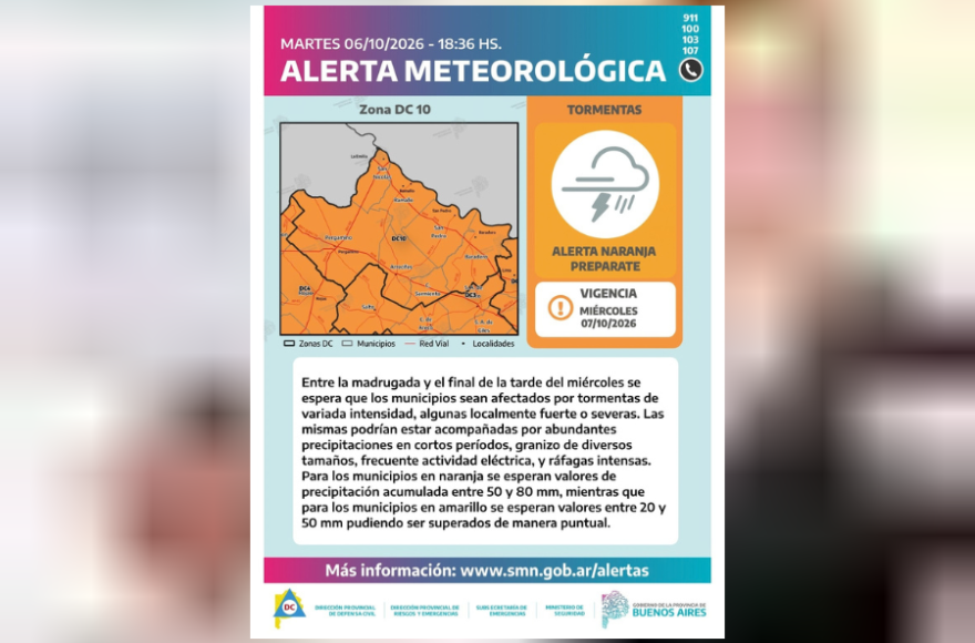 Alerta naranja por tormentas para este mi&eacute;rcoles en Rojas y la zona