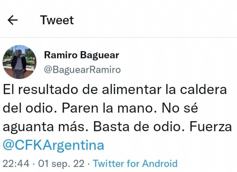 El posteo de Ramiro Baguear.