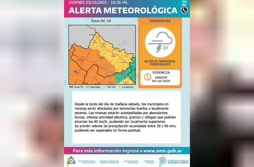 La Dirección de Defensa Civil Provincial emitió una alerta naranja por tormentas para Rojas y la zona.