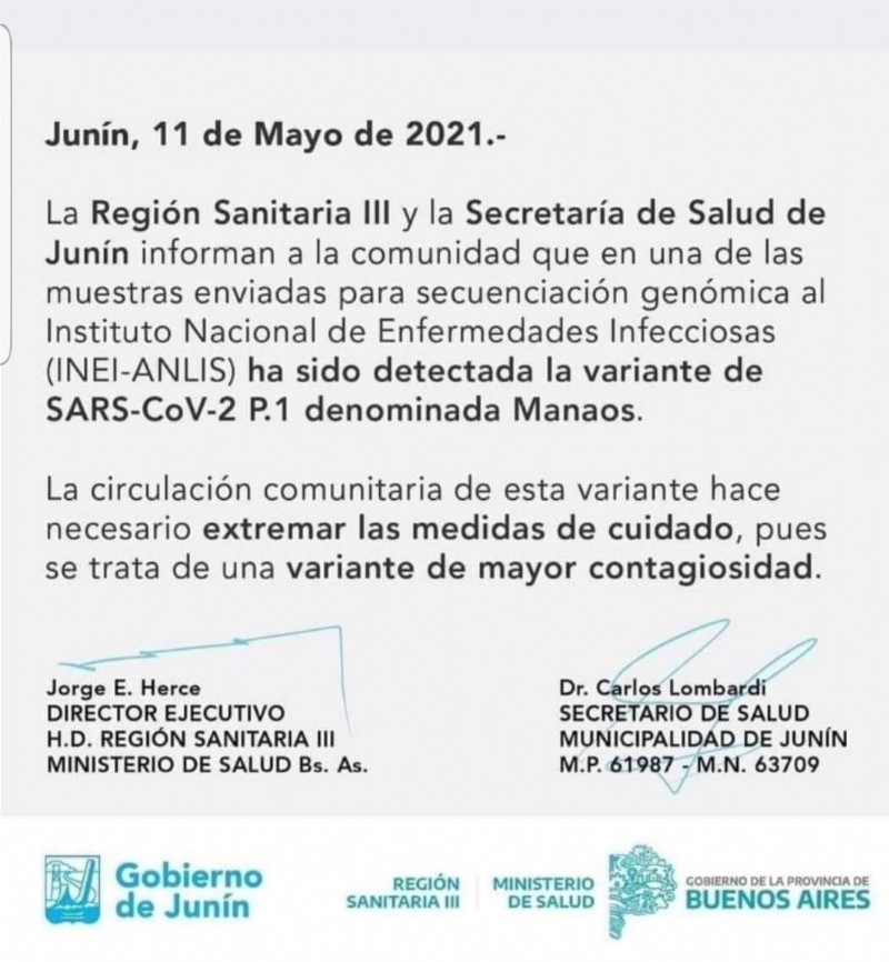 Comunicado de las autoridades sanitarias.