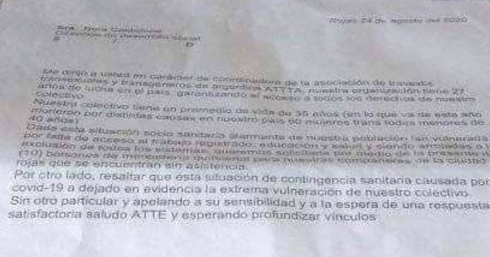 Nota presentada a la secretaria de Promoción Social.