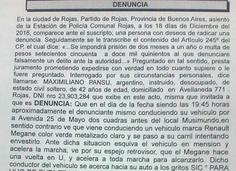 La denuncia de Pansu el domingo por la mañana.