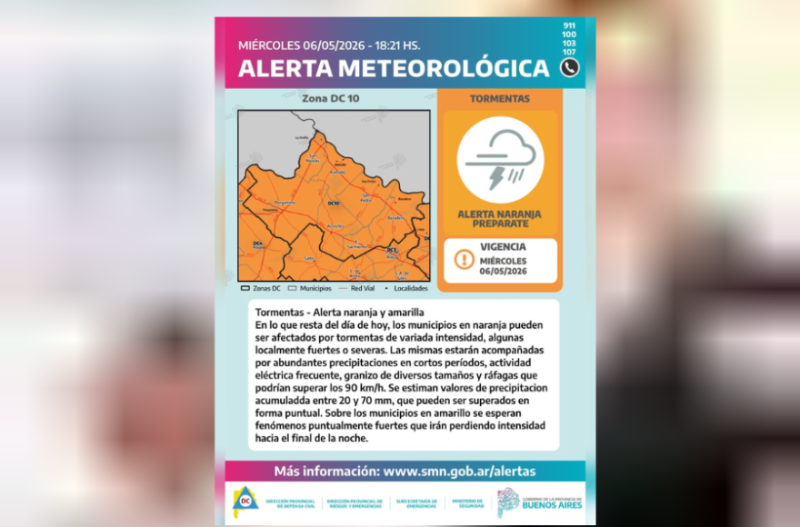 Emitieron alerta naranja por tormentas fuertes para Rojas y la región