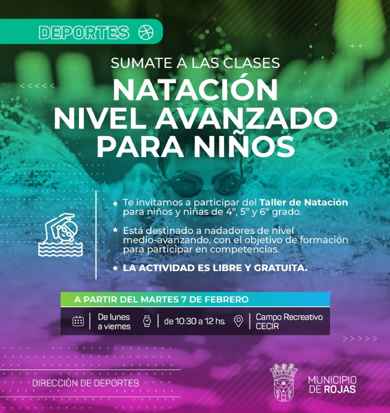 La Dirección de Deportes informa que a partir del martes 7 de febrero funcionará el Taller de Natación para niños y niñas de cuarto, quinto y sexto grado.