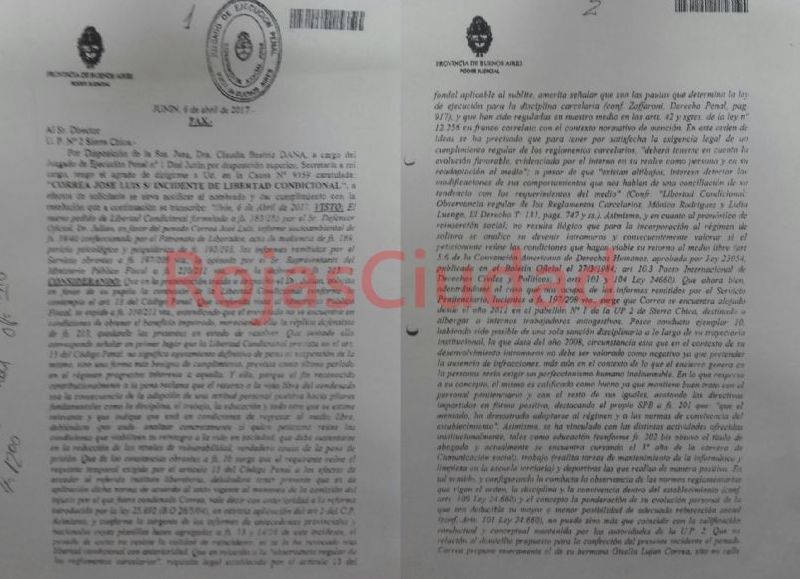 El pedido para dejar en libertad al asesino de Claudia Colo, enviado el 6 de abril de 2017. (Foto: RojasCiudad)