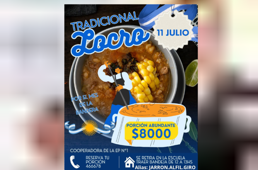 La Escuela Nº 1 Domingo F. Sarmiento anuncia su tradicional locro para el viernes 11 de julio.