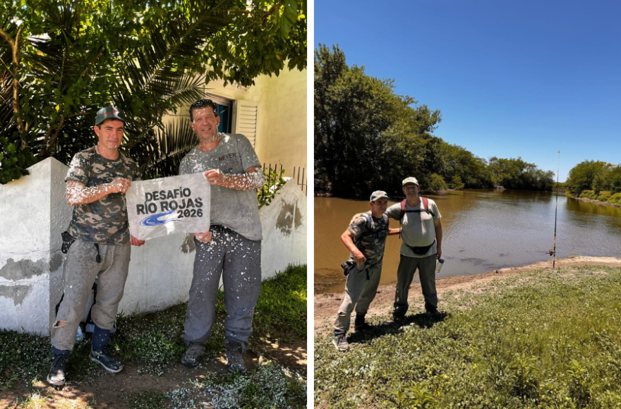 Dos personas por un costado del curso de agua desde su naciente hasta convertirse en el Río Salto.