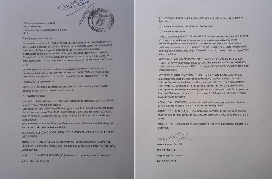 Vecino de Rojas presentó un proyecto de ordenanza para implementar el “narcotest” obligatorio a funcionarios políticos