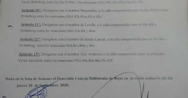 Dos calles de Rojas llevarán los nombres del químico Guy Anderson y de la doctora Julieta Lanteri