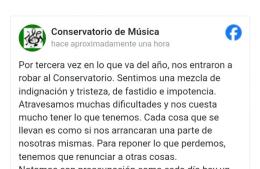 Entraron a robar nuevamente en el Conservatorio de Música